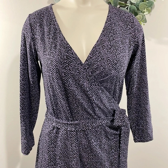 Talbots Petites Faux Wrap 3/4 Sleeve Dress Black Purple P - Picture 2 of 16